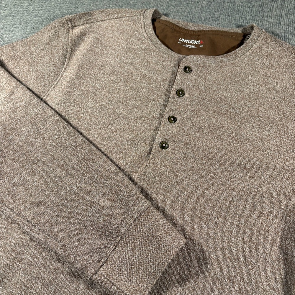 UNTUCKit‎ Urey Henley Mens Large Tan Long Sleeve Heathered Knit Shirt 40983